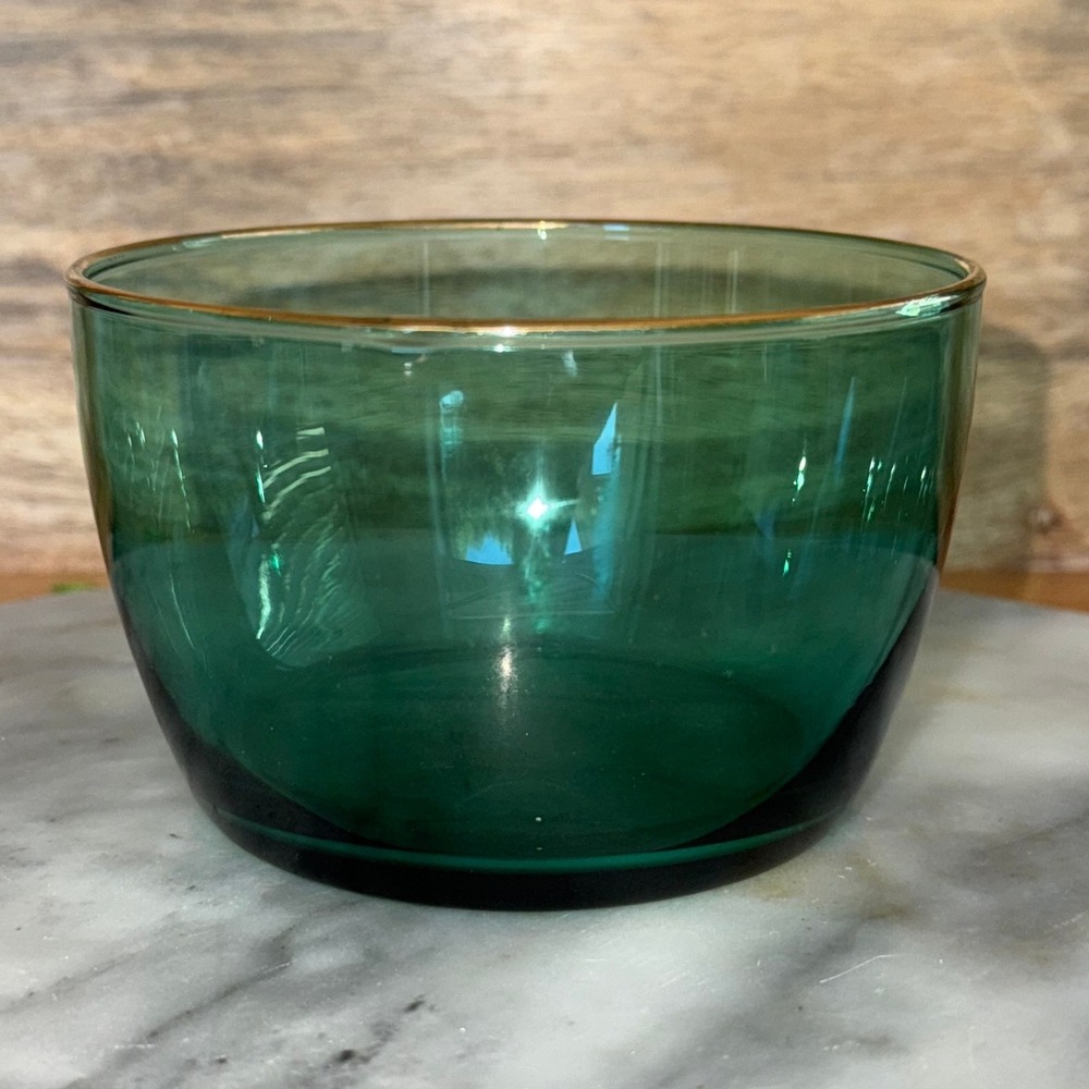 Vintage 1970's Libbey Single Juniper‎ Green Desert Bowl gold rim